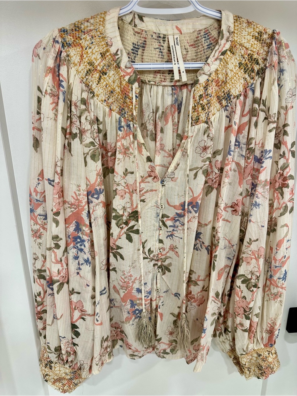 Anthropologie Cream Floral Smocked Yoke Button-Front Blouse with Tassels